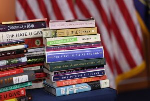WASHINGTON, DC - MARCH 24: Copies of banned books from various states and school systems from around the county are seen during a press conference by U.S. House Democratic Leader Hakeem Jeffries (D-NY) at the U.S. Capitol on March 24, 2023 in Washington, DC. Jeffries spoke out against the recently passed Parents Bill of Rights Act and the banning and censorship of books in schools. (Photo by Kevin Dietsch/Getty Images)